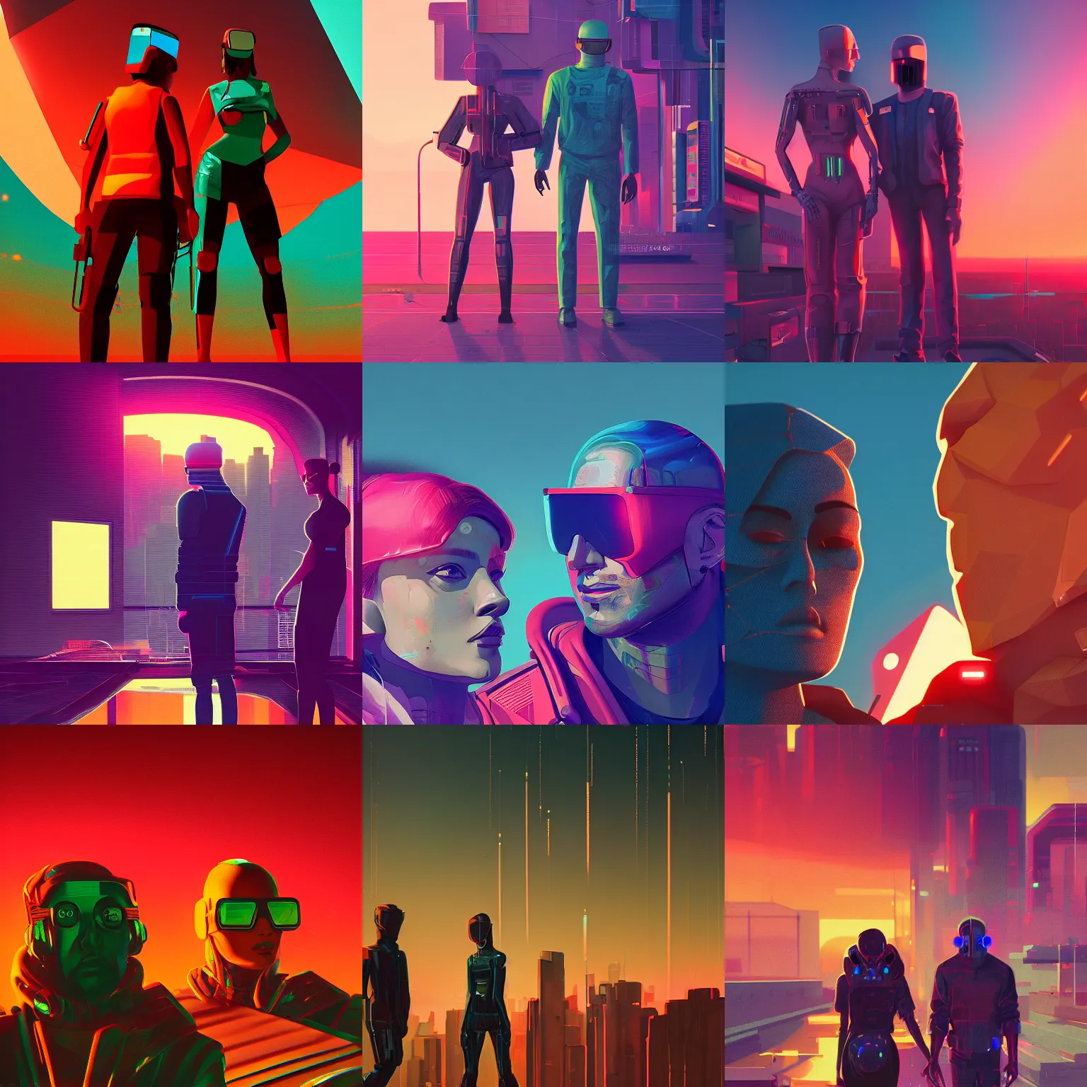 Prompt: a graph style guach impasto romace man and woman, cyberpunk art by james gilleard, cgsociety, retrofuturism, synthwave, retrowave, octane render, sunset.