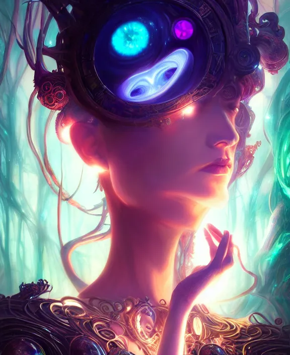 Image similar to whirlwind souls inside metaverse, half body, glowin eyes, tiara, pharaoh, forest, mushrooms, antiques, cyberpunk face, by loish, d & d, fantasy, intricate, elegant, highly detailed, colorful, vivid color, digital painting, artstation, concept art, art by artgerm and greg rutkowski and alphonse mucha and ruan jia