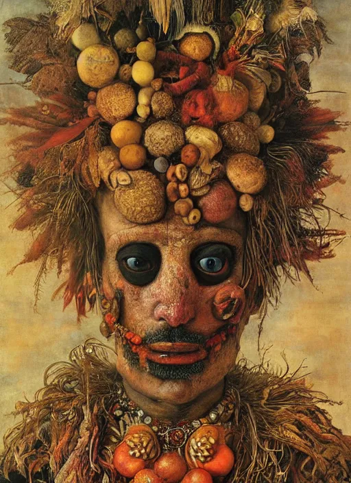 Image similar to a surreal painting of a radiant shaman's face, by Giuseppe Arcimboldo, symbolist, soft colors, dramatic lighting, smooth, sharp focus, extremely detailed, aesthetically pleasing composition