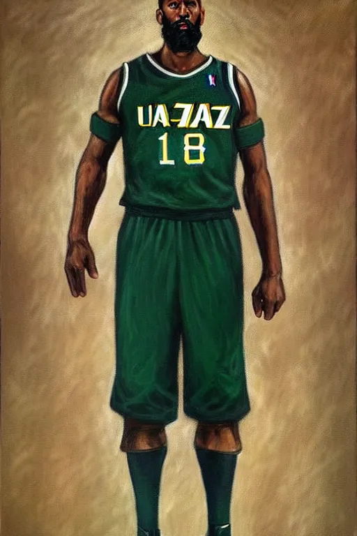 Image similar to full body portrait of the dictator of the nba utah jazz, 1 8 8 9, in full military garb, navy, green, oil on canvas by william sidney mount, trending on artstation