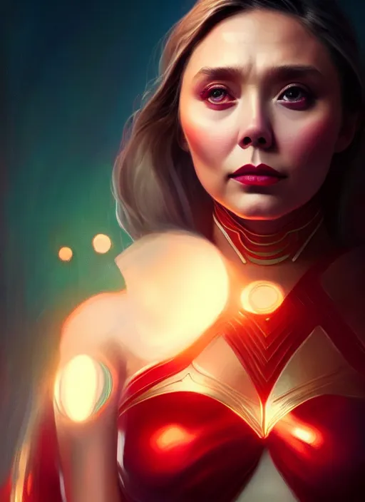 Image similar to portrait of modern darna, elizabeth olsen, intricate, elegant, glowing lights, highly detailed, digital painting, artstation, glamor pose, concept art, smooth, sharp focus, illustration, art by wlop, mars ravelo and greg rutkowski