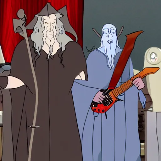 Prompt: gandalf in the cartoon metal band metalocalypse