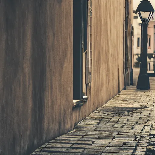 Image similar to lonely old lantern on empty modern street in the day light, photorealistic