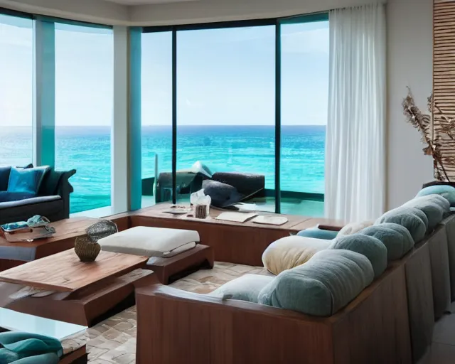 Image similar to A modern living room in a ocean hues style next to a big terrace overlooking the ocean, luxurious wooden coffee table in the center, inspired by the ocean, calm, relaxed style, harmony, wide angle shot, 8k resolution