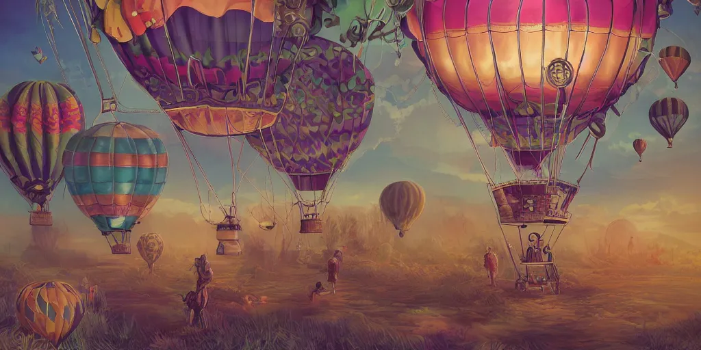 Prompt: a steampunk hot air balloon, digital artwork by ellerslie floating over a grassy lovely place known as teletubbyland, magical, brightsky, colorful, fantastic lighting, amazing details, 4 k uhd, illustration by hayao miyazaki artstation, pixiv, pixels