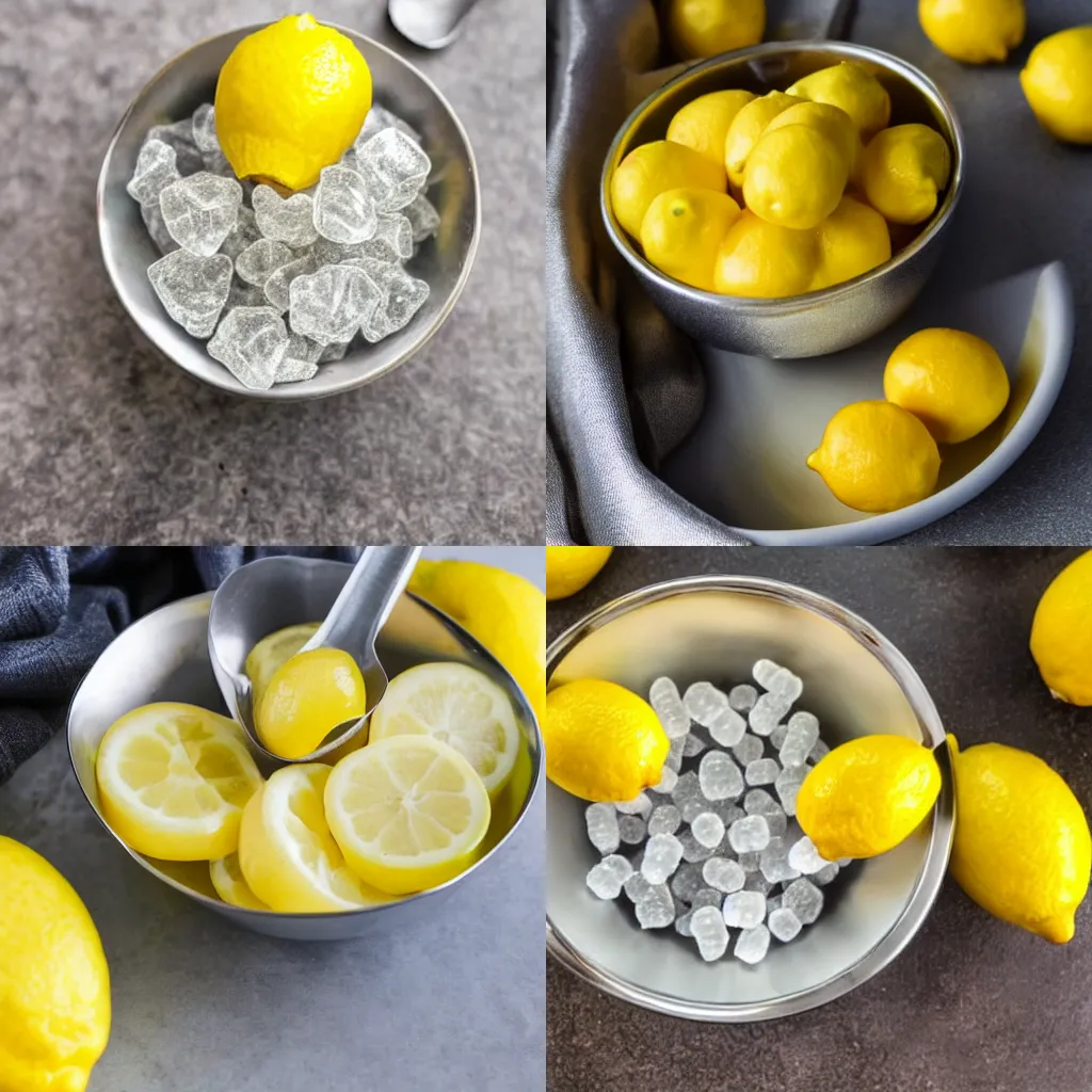 Prompt: a human lemon eating the lemonhead candy and lemon flavored gushers in a small silver bowl