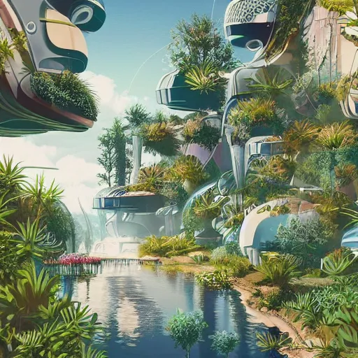 Image similar to beautiful happy picturesque charming organic futuristic sci - fi town in harmony with nature. water and plants. beautiful light. grainy and rough. soft colour scheme. beautiful artistic vector graphic design printed matter by lurid. ( 2 0 2 2 )