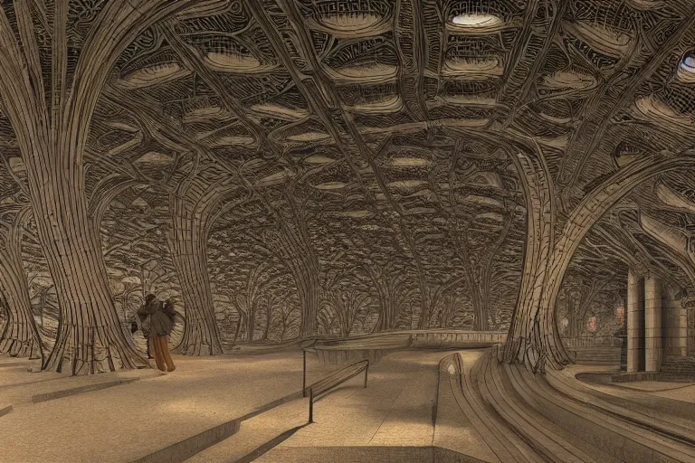 Image similar to intricate, 3 d, subway station, style by caspar david friedrich and wayne barlowe and ted nasmith.