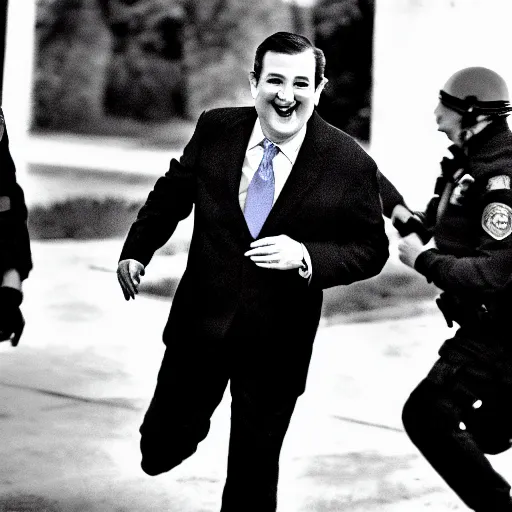 Image similar to Ted Cruz with a wide grin being chased down by multiple police officers, black and white, creepy lighting, foggy atmosphere, scary, horror, ornate, eerie, fear