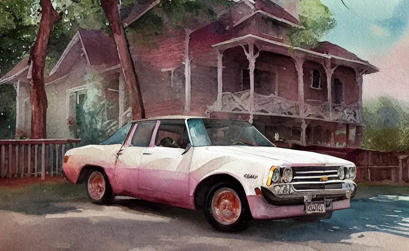 Image similar to a watercolor painting of a chevrolet opala parked near a 1 9 0 0 s house, digital painting, masterpiece, hyperrealistic, concept art, trending on deviantart, highly detailed, high quality, 4 k, symmetrical, low contrast, watercolor, warm, soft lighting, path traced, godrays, vintage, soft colors