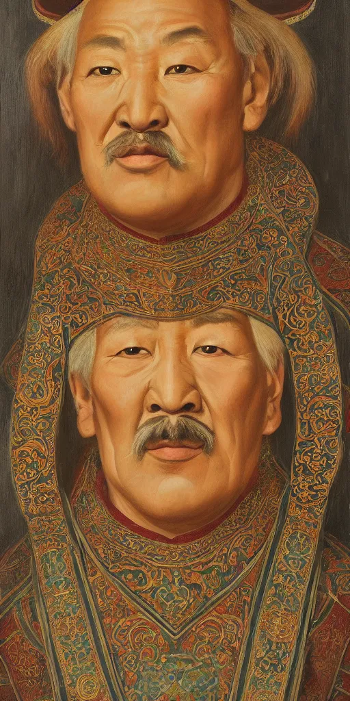 Image similar to a stunning and noble highly detailed romantic period style portrait of Genghis Khan by Josep Tapiró Baró, trending on artstation, oil painting masterpiece, symmetry, fractals, Mongolian iconography