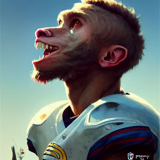 Image similar to highly detailed portrait of cooper kupp eating a football, unreal engine, fantasy art by greg rutkowski, loish, rhads, ferdinand knab, makoto shinkai and lois van baarle, ilya kuvshinov, rossdraws, tom bagshaw, global illumination, radiant light, detailed and intricate environment