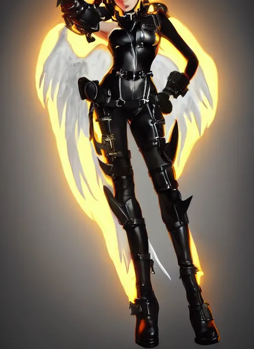 Image similar to full body artwork of tracer overwatch, wearing black latex outfit, in style of mark arian, angel wings, dramatic painting, wearing detailed leather collar, black shiny armor, chains, black harness, detailed face and eyes,