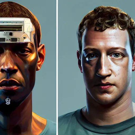 Image similar to imposing, ominous portrait of cyborg Mark Zuckerberg as a grand theft auto 5 loading screen, symmetry, front view, intricate, studio, art by anthony macbain + greg rutkowski + alphonse mucha, concept art, 4k, sharp focus