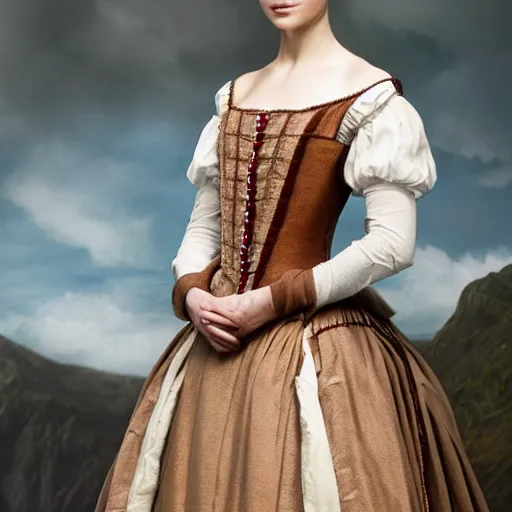 Image similar to attractive scandinavian duchess wearing an 1 7 th century french off - the - shoulder neckline dress, wow 4 k detail fantasy, matte painting, realistic materials, photo realistic, postprocessing, cinematic, hyperrealistic, studio lighting, ekaterina, the tudors, photography by richard jenkins