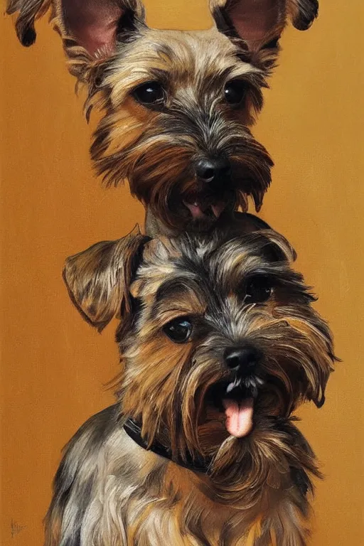 Image similar to tan schnauzer chihuahua mix, big mustache, mangy, painting by jc leyendecker!! phil hale!, angular, brush strokes, painterly, vintage, crisp