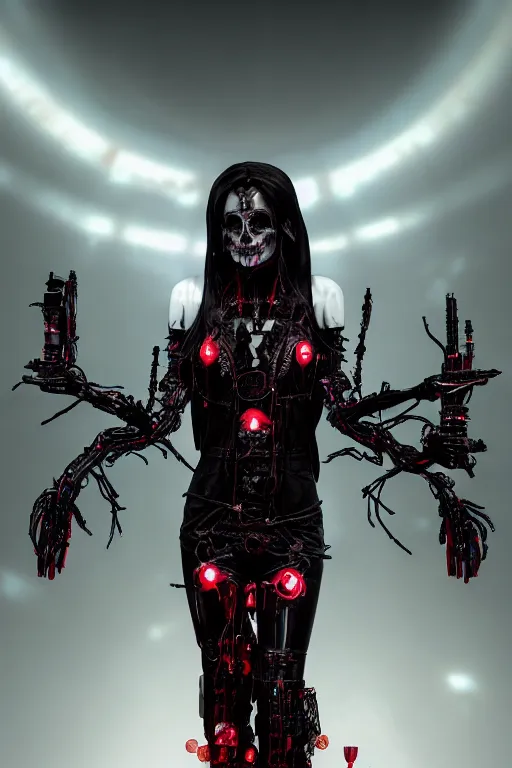 Prompt: full-body cyberpunk style sculpture of a young beautiful dark priestess, half android with a head opening exposing circuitry, glowing red eyes, black roses, flowing blood-red colored silk, fabric, candles. baroque elements, human skull. full-length view. baroque element. intricate artwork by caravaggio. crows flying in background. Trending on artstation, octane render, cinematic lighting from the right, hyper realism, octane render, 8k, depth of field, 3D