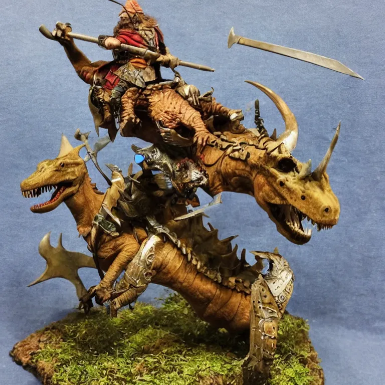 Image similar to diorama of a viking berserker riding a dinosaur, highly detailed, award winning mini painting, studio lighting