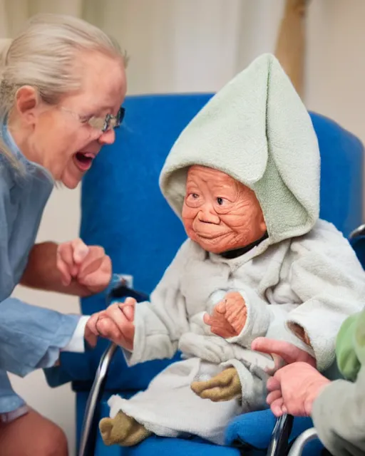 Image similar to stock photos of baby yoda visiting elderly people at a nursing home, hyperreal