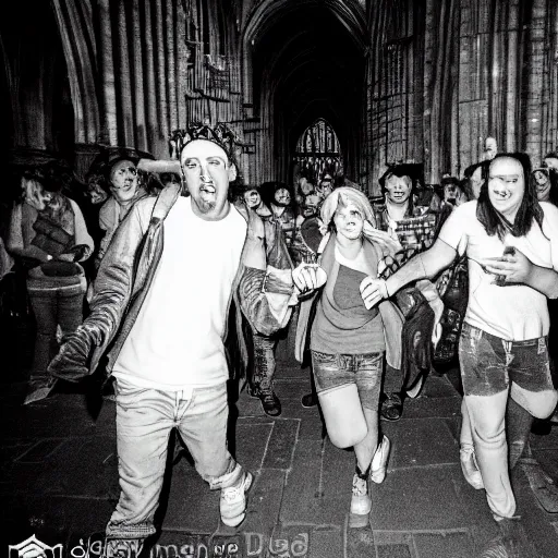 Prompt: 9 0 s rave inside exeter cathedral. flash photography