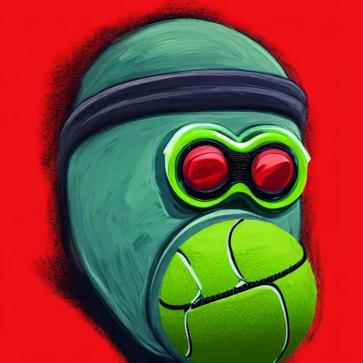 Image similar to a tennis ball monster with a tennis racquet, bust shot, balaclava, face covered, smooth, intricate, elegant, power aura, digital painting, artstation, concept art, sharp focus, illustration, art by basil gogos - h 6 4 0