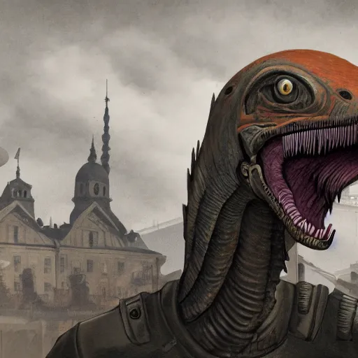 Image similar to a detailed matte painting of a cyborg velociraptor wearing a beret, in nazi occupied france, french resistance, 8 k, artstation, art in a noir crime novel style