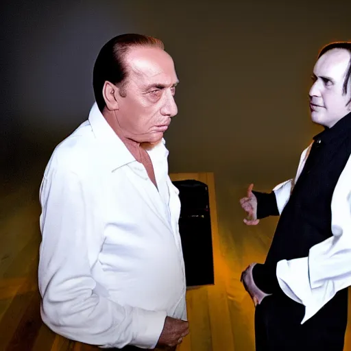 Prompt: Silvio Berlusconi and Burzum in real life, studio lighting