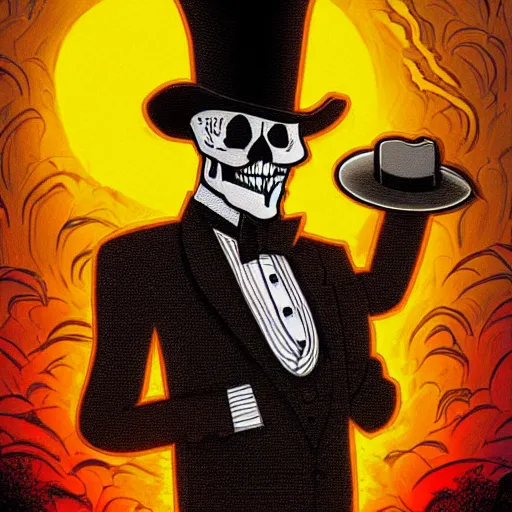 Prompt: artwork of skeleton wearing a suit and top hat at sunset by Dan Mumford. cinematic, hyper realism, high detail