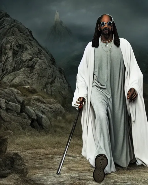 Prompt: Snoop Dogg in the role of Gandalf the Grey fight the Nazgul, film still, amazing short, 8K, IMAX, ultra detailed