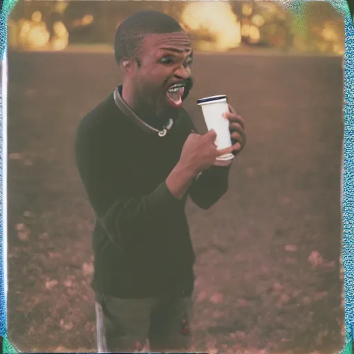 Image similar to retro 90s granular polaroid outdoors photo of an African American rapper, laughing, drinking from a plastic cup, flash photography, image artifacts