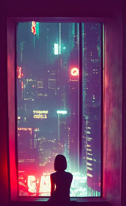 Image similar to realistic vertical photo, girl in 7 0's retro club, editorial, fashion, neon - decorated urban on night in the city seen through window, realistic, modern design, vintage, night, blade runner, dark, clean lines, asian futuristic city at distance, big windows, octane, wide angle