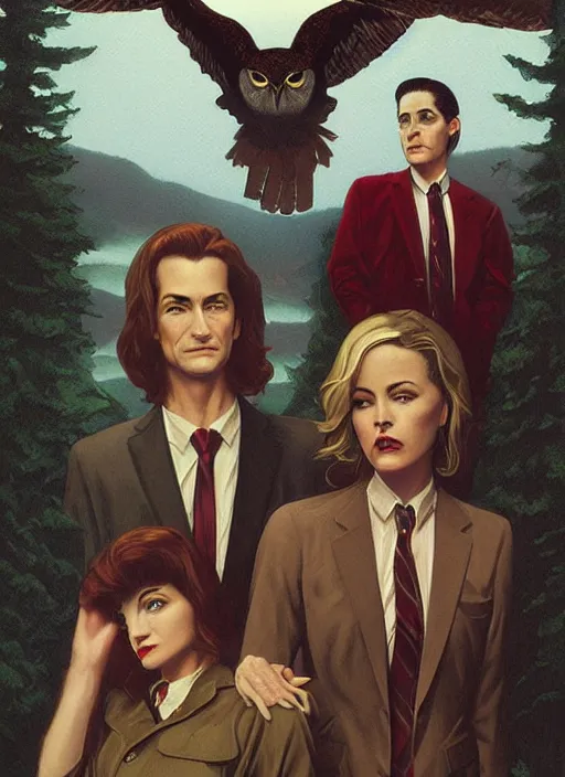 Prompt: twin peaks poster art, by michael whelan, rossetti bouguereau, artgerm, retro, nostalgic, old fashioned, dale cooper, kyle mclaughlin, large owl wings wrap around dale cooper