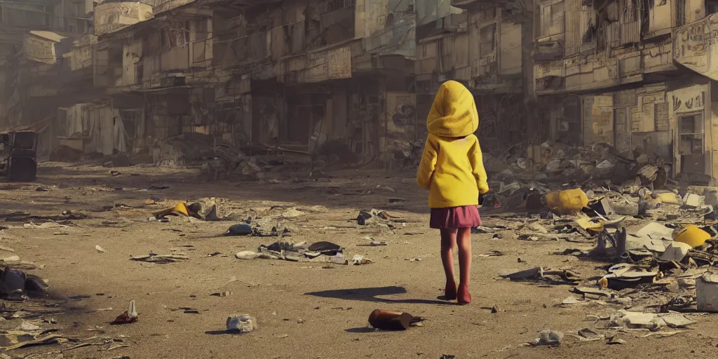 Prompt: incredible wide screenshot, ultrawide, simple watercolor, rough paper texture, backlit distant shot of girl in a parka running from a giant robot invasion side view, yellow parasol in deserted dusty junk town, broken vending machines