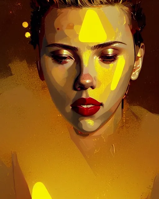 Image similar to Scarlett Johansson bathing in a gold tub, futuristic neon, decorated with traditional Japanese ornaments by Ismail inceoglu dragan bibin hans thoma greg rutkowski Alexandros Pyromallis Nekro Rene Maritte Illustrated, Perfect face, fine details, realistic shaded, fine-face, pretty face