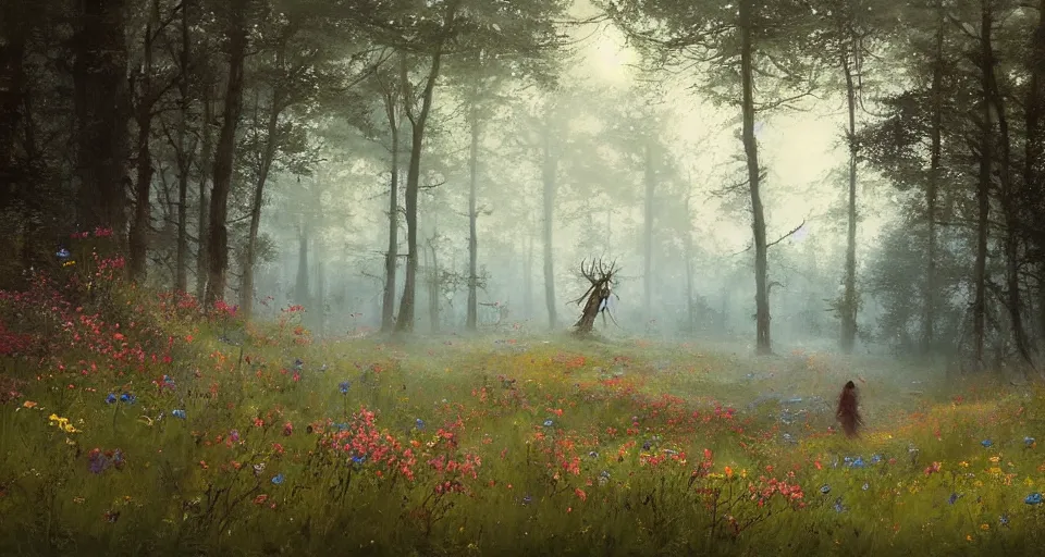 Image similar to Enchanted and magic forest full of wild flowers, space ship landing by JAKUB ROZALSKI