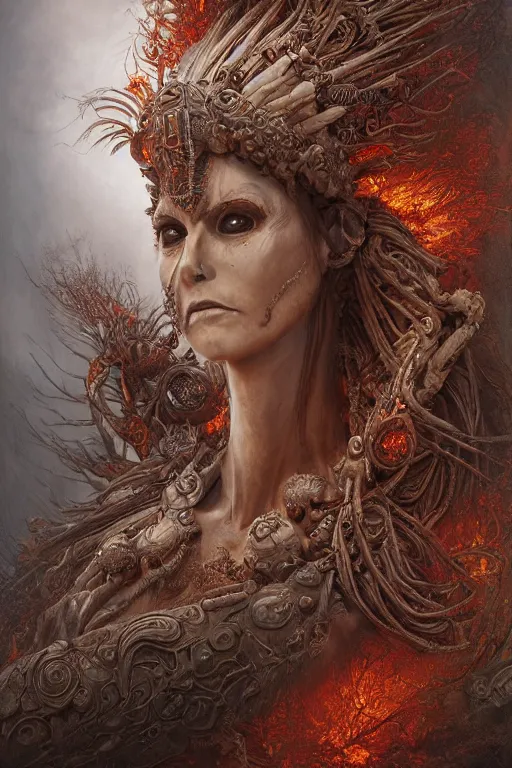 Prompt: a beautiful detailed 3 d matte painting tanned female empress of the dead, by ellen jewett, tomasz alen kopera and justin gerard | symmetrical, native american, ominous, magical realism, texture, intricate, ornate, royally decorated, skull, skeleton, whirling smoke, embers, red adornments, red torn fabric, radiant colors