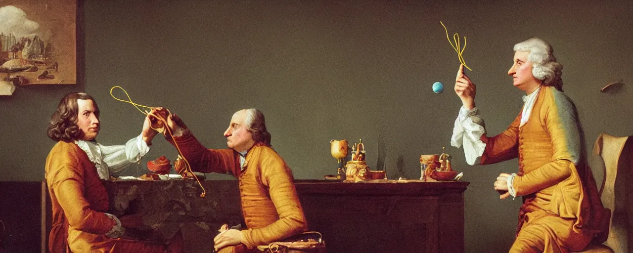 Image similar to sir isaac newton dispersing a prism with spaghetti, 1 7 0 0 s, kodachrome, in the style of wes anderson, retro