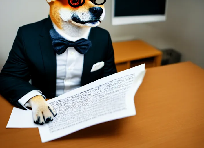 Prompt: photo of a real shiba inu dog in a suit and glasses reading a document at a desk in his office. Highly detailed 8k. Intricate. Sony a7r iv 55mm. Award winning.