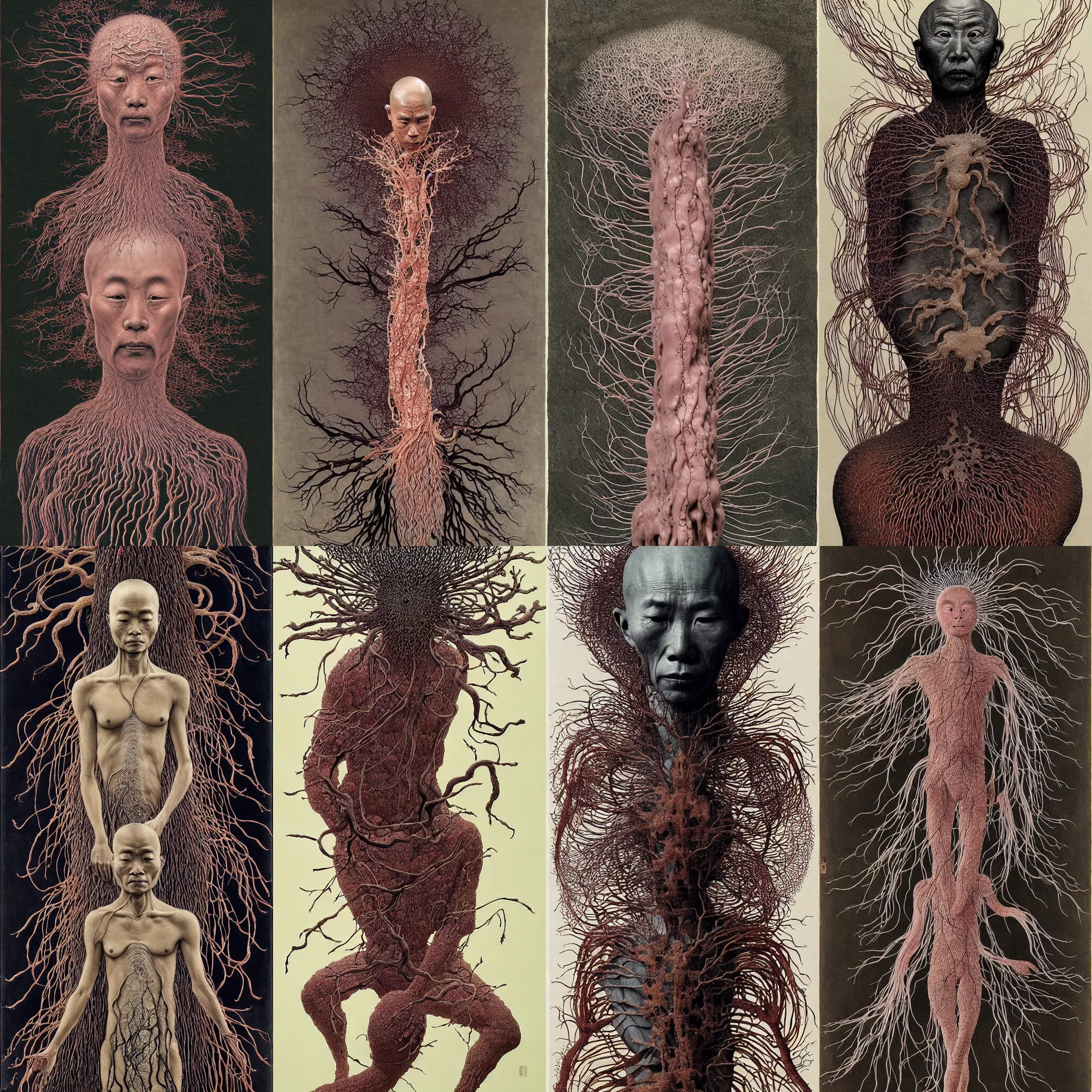 Prompt: ancient japanese monk, by kiki smith, by zdzisław beksinski, by wangechi mutu, full body, zoomed out, mycelium, mycena acicula, tremella - fuciformis, insanely detailed and intricate, hypermaximalist, elegant, ornate, hyper realistic