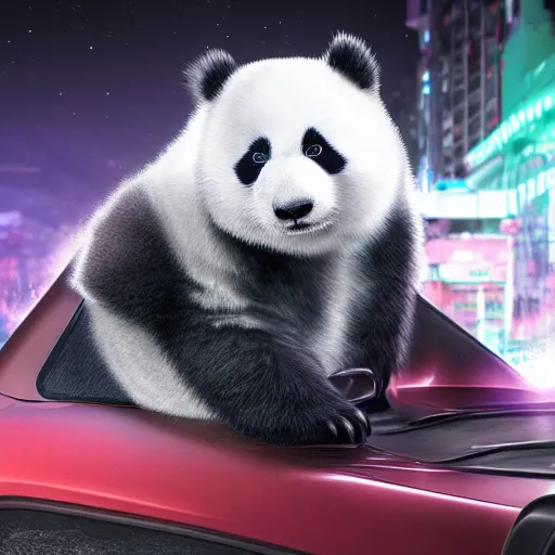 Prompt: a fluffy roadster covered with white fur and in the style of a panda, parking in the street, Cyberpunk, neon light, 4k, hd, highly detailed, full view