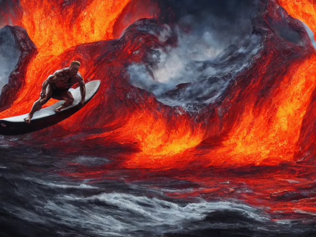 Image similar to arnold schwarzenegger surfing on lava from an erupting volcano, stunning scene, 8 k, digital painting, hyperrealism, bright colors, trending on artstation