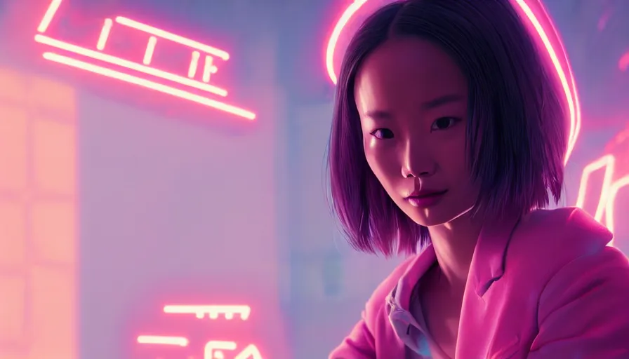 Image similar to jamie chung, lolita, altered carbon, highly detailed surreal neon vfx portrait of a android, stephen bliss, unreal engine, greg rutkowski, loish, rhads, beeple, makoto shinkai and lois van baarle, ilya kuvshinov, rossdraws, tom bagshaw, global illumination, detailed and intricate environment