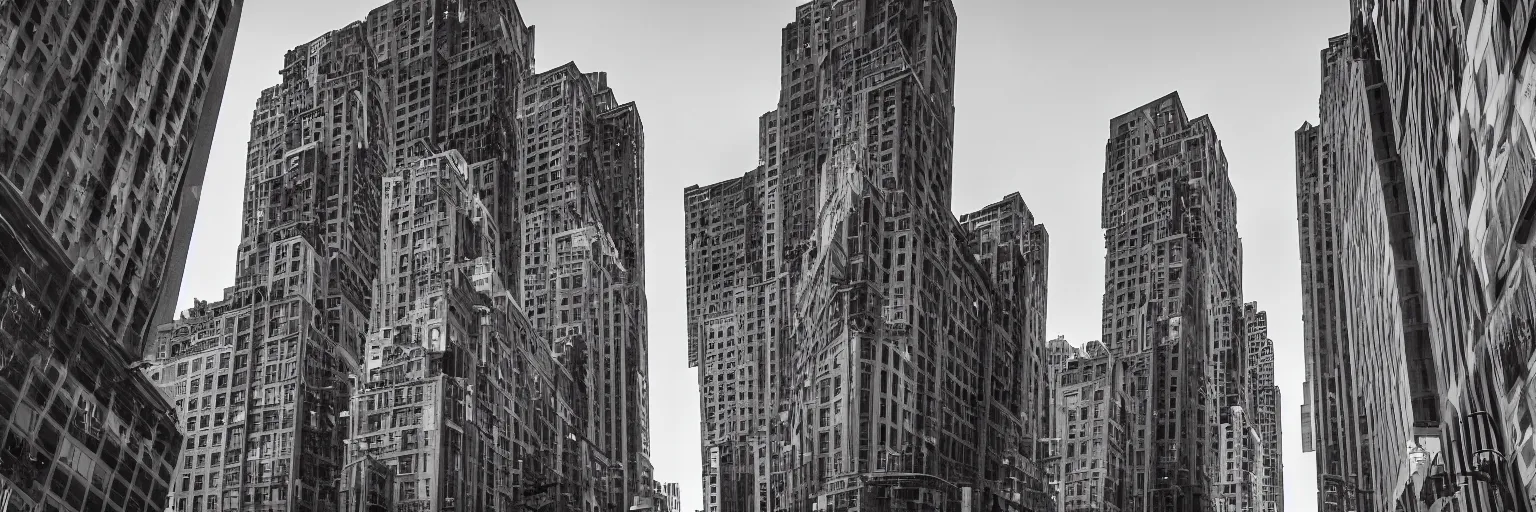 Prompt: Downtown. Art deco. Metropolis. Sense of awe. Photoreal. Low angle wide shot. Monochrome