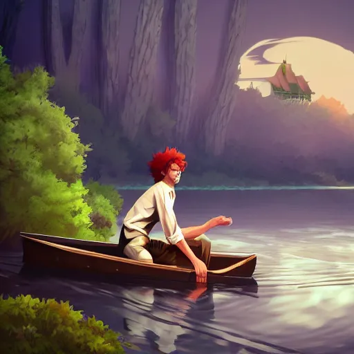 Image similar to Mark Twain as Huckleberry Finn, riding a raft down the mississippi, ambient lighting, 4k, anime key visual, lois van baarle, ilya kuvshinov, rossdraws, artstation