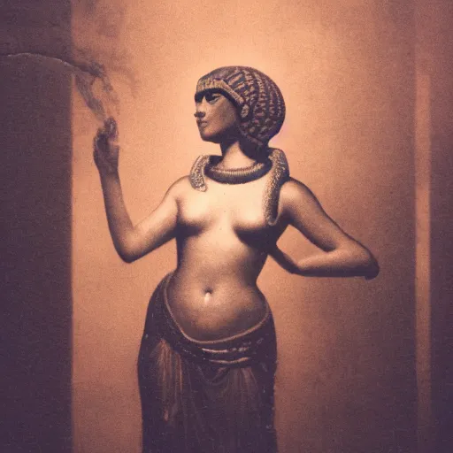 Image similar to photograph of Cleopatra on the rain, night, smoke, shadows,