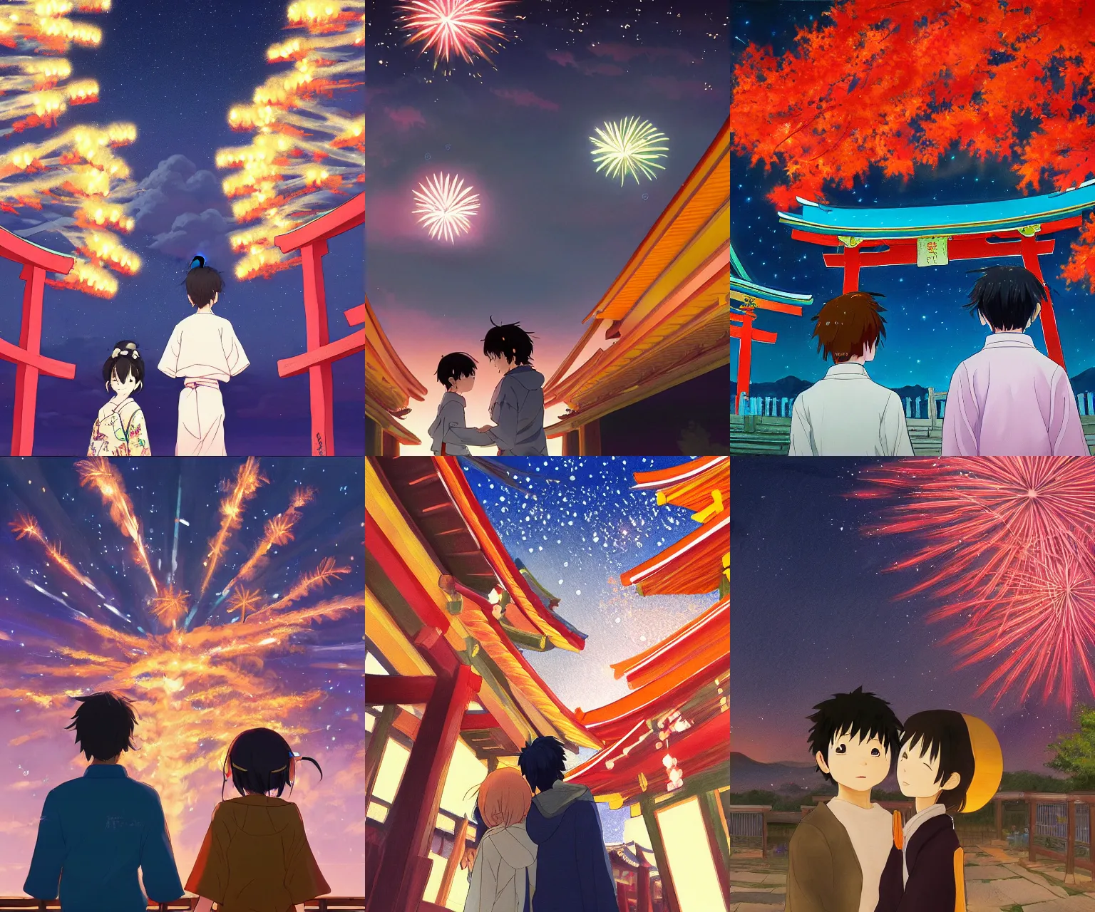 Prompt: beautiful painting of a boy and a girl at a shinto shrine looking up at the night sky illuminated by colorful new years fireworks, by makoto shinkai, trending on artstation, kimi no na wa