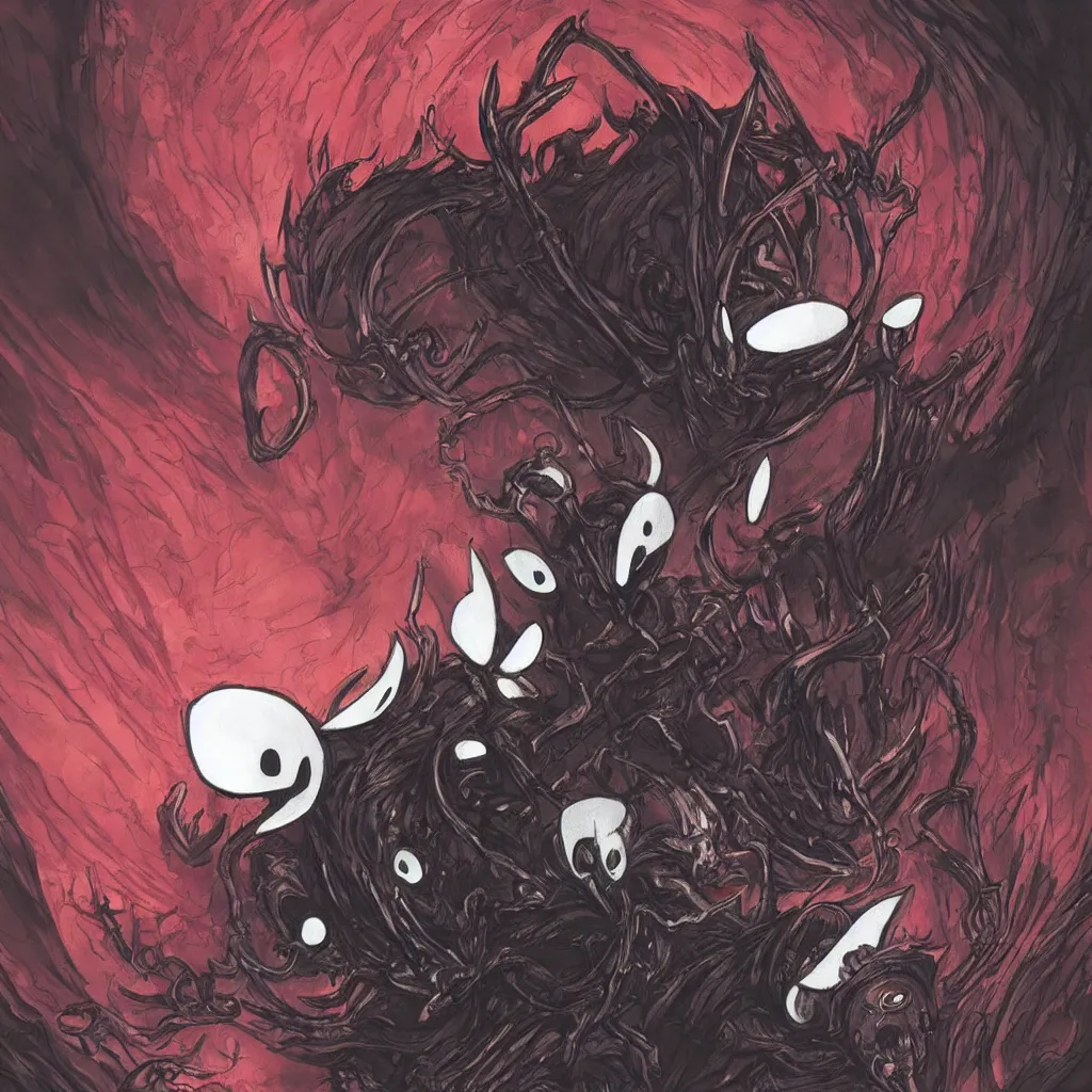 Image similar to hollow knight. Corrupted. High detail. Cover art. No text. High detail. Ominous. Sharp. Red