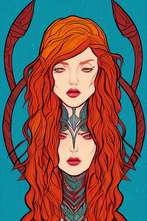 Image similar to red headed elven queen, art by ori toor, sticker, colorful, illustration, highly detailed, simple, smooth and clean vector curves, no jagged lines, vector art, smooth