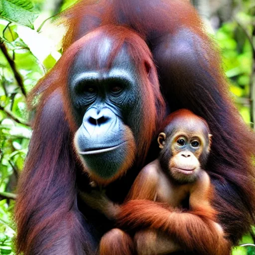 Prompt: orangutan and silverback gorilla hybrid animal real photo highly detailed