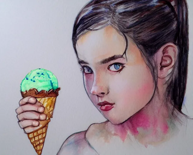 Image similar to a girl with the ice cream watercolor colored pencil painting trending on artstation